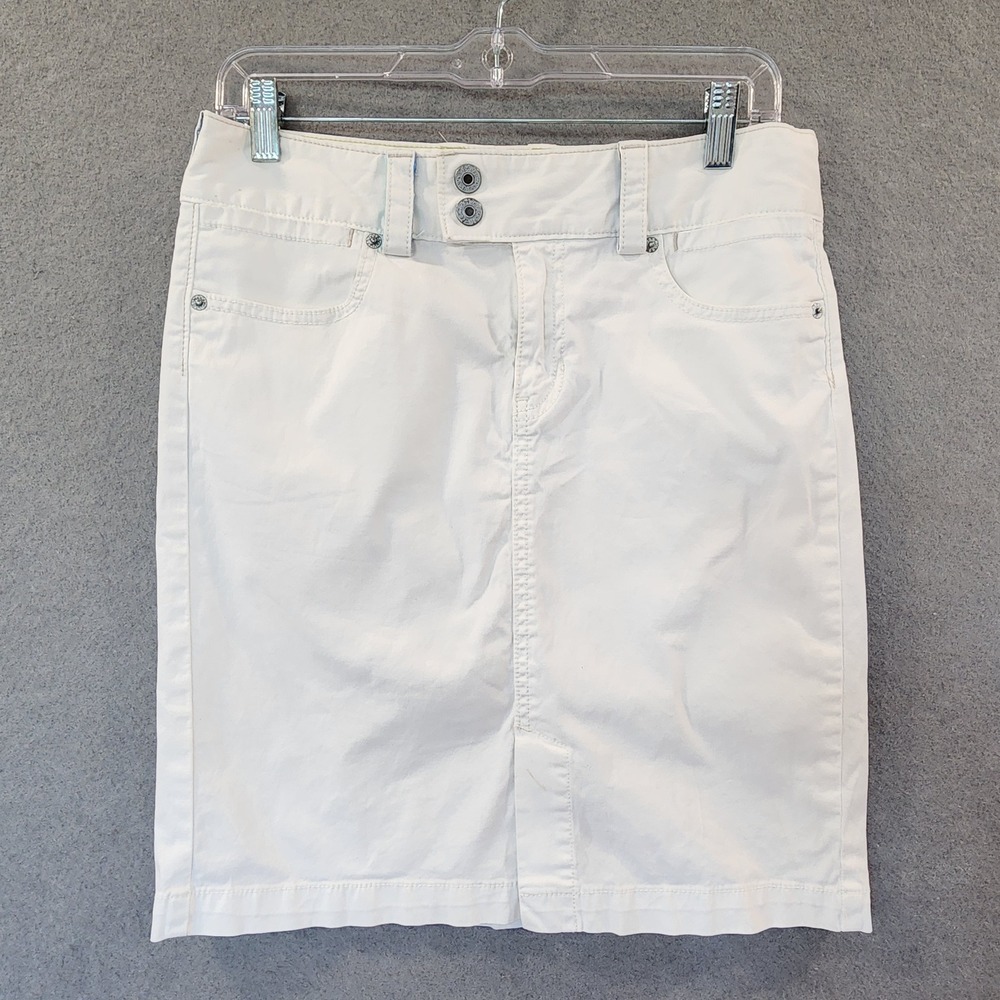Gap Jeans Womens White Stretch Denim Pencil Skirt Sz 6 Double Button Knee Length